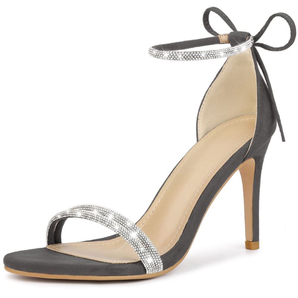 Rhinestone Ankle Tie Stiletto Heels Sandals Gray